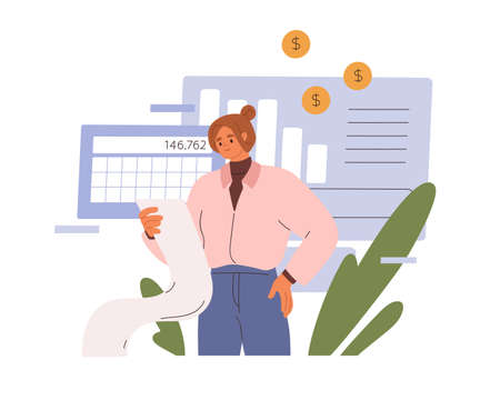 Calculating and planning budget, management of personal finance. Person analyzing expenses report, financial bill. Accounting and money concept. Flat vector illustration isolated on white backgroundのイラスト素材