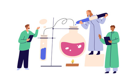 Science experiment in chemical laboratory. Tiny scientists at chemistry research with lab glassware, tubes. Chemists and scientific study. Flat vector illustration isolated on white backgroundのイラスト素材