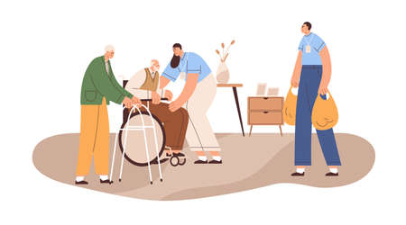 Senior people receiving donation, help from volunteers in retirement home. Social charity service caring, giving aid to person of old age. Flat vector illustration isolated on white backgroundのイラスト素材