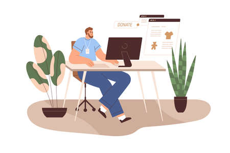 Online donation, charity, contribution concept. Volunteer donating via internet. Person at computer during humanitarian help and support. Flat vector illustration isolated on white backgroundのイラスト素材