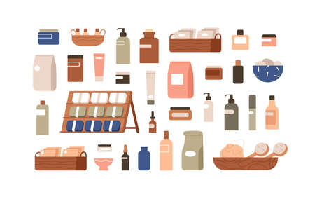 Cosmetic, beauty products packages. Hygiene and body, skin care items set. Eco bottles, jars, containers, dispensers, droppers and tubes. Flat graphic vector illustrations isolated on white backgroundのイラスト素材