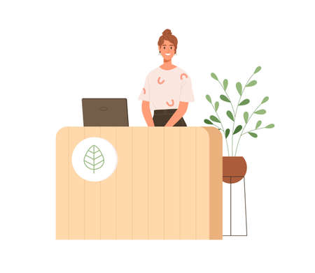 Vendor behind counter desk of organic store. Happy smiling woman standing at reception in green eco-friendly shop with healthy vegan products. Flat vector illustration isolated on white backgroundのイラスト素材