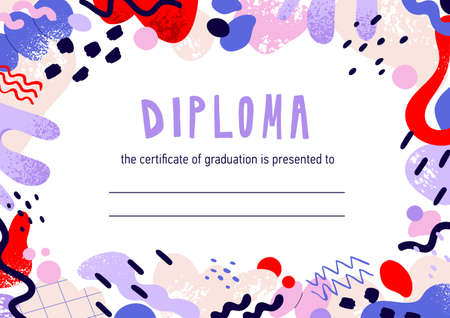 Kids diploma template. Childrens certificate design with background for text and creative abstract geometric elements, shapes. Cute graduation document. Colored flat graphic vector illustrationのイラスト素材
