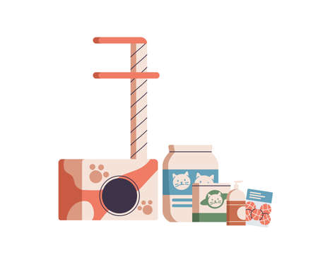 Cats goods and supplies. Pets furniture, feed, grooming cosmetics, toys and treats for kitties. Kittens accessories, stuff. Scratching post, food. Flat vector illustration isolated on white backgroundのイラスト素材