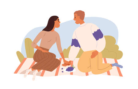 Love couple on picnic in nature. Romantic date of happy man and woman, relaxing together on blanket on summer holidays. Two enamored people. Flat vector illustration isolated on white backgroundのイラスト素材