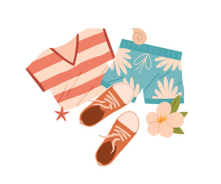 Summer clothing with t-shirt, beach shorts, sneakers. Tourists apparel, travel garments with tshirt. Holiday outfit, wearing for summertime. Flat vector illustration isolated on white backgroundのイラスト素材