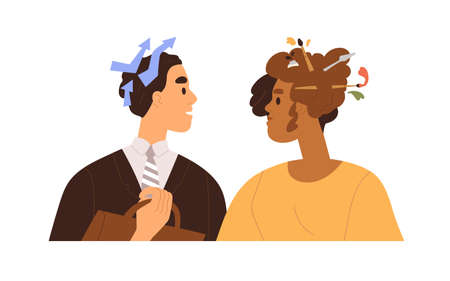 Person with logical analytical mind vs creative imaginative mindset. People with different thinking. Business, structure and creativity concept. Flat vector illustration isolated on white background.のイラスト素材