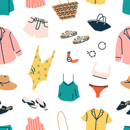 Seamless pattern with women summer clothing. Endless background with beach garments, fashion accessories for travel. Repeating print with swimsuits, bikini, bag, hat. Flat graphic vector illustrationのイラスト素材