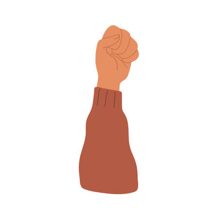 Clenched fist, arm raised up. Activist rising up strong hand for protesting against demonstration, fighting for justice, human rights, freedom. Flat vector illustration isolated on white backgroundのイラスト素材