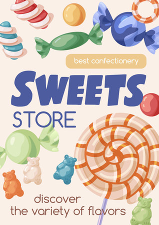 Sweets store poster template with candies, lollipops, bonbons, caramels, gummy bears background. Vertical ad card design with yummy sweeties, lollypops for sugar shop. Flat vector illustrationのイラスト素材