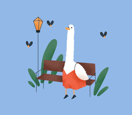 Cute she-goose relaxing in park, sitting on bench. Funny fairytale bird girl in clothes, dress resting outdoors. Childish fairy tale amusing character. Childrens flat vector illustrationのイラスト素材