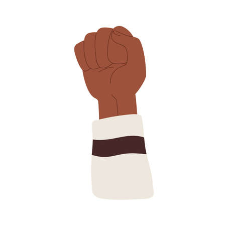Hand raised up with clenched fist of African person, fighting against race discrimination. Human arm rising high for BLM, revolution. Flat graphic vector illustration isolated on white backgroundのイラスト素材