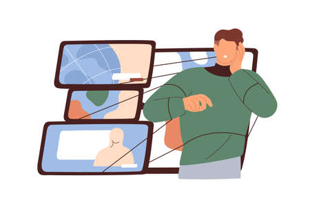 Mass media manipulation concept. Persons mind under influence, impact, control of propaganda. Man attached to manipulating information, fake news. Flat vector illustration isolated on white background.のイラスト素材
