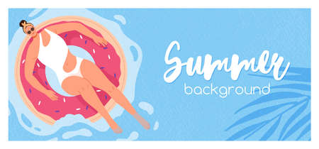 Summer holiday banner with woman in swimwear relaxing, swimming on inflatable donut ring on water pool background. Summertime vacation, sea resort promotion card. Colored flat vector illustrationのイラスト素材