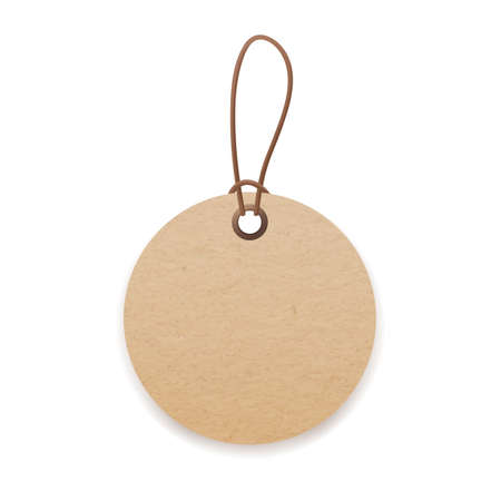 Craft cardboard label with loop and cord. Round kraft paper price tag mockup. Blank circle card hanging on string, twine. Beige badge on rope. Vector illustration isolated on white backgroundのイラスト素材