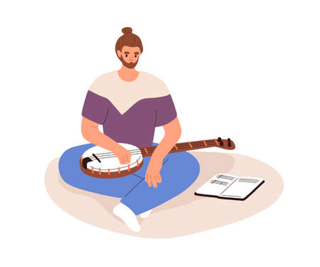 Musician at creative crisis, burnout. Man, bonjo player failed in learning to play string instrument. Creativity problems, difficulties concept. Flat vector illustration isolated on white backgroundのイラスト素材