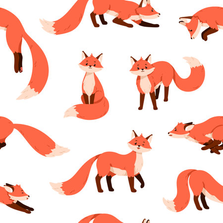 Cute fox pattern. Seamless background with funny happy wild red orange animals, repeating print. Endless printable foxy texture for textile. Kids colored flat vector illustration for decorationのイラスト素材