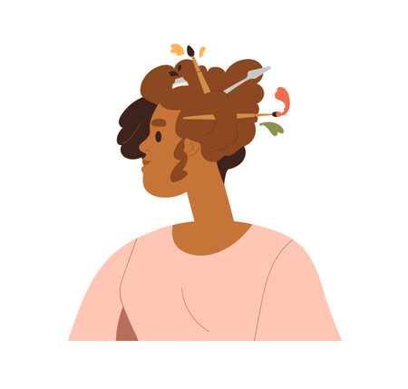 Creative inspired person. Woman artist with paint brushes in hair. Talented painter with paintbrushes. Creativity, inspiration, fine art concept. Flat vector illustration isolated on white backgroundのイラスト素材