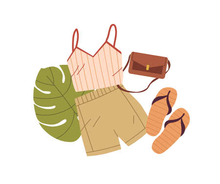 Summer tourists clothes, shoes, accessory. Female top, women shorts, beach flip-flops, bag composition. Apparel, garments for summertime vacation. Flat vector illustration isolated on white backgroundのイラスト素材