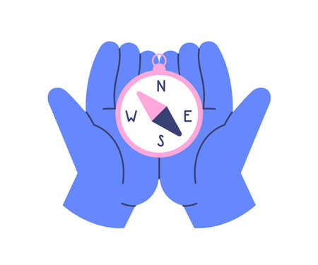 Compass in hands icon. Arms holding navigation tool, searching way, direction with arrows, navigating. Geographical orientation, guidance concept. Flat vector illustration isolated on white backgroundのイラスト素材