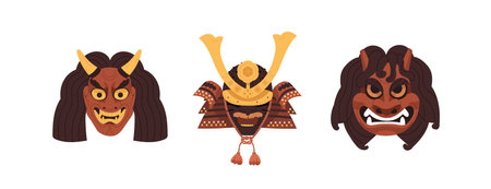 Japan noh masks for Asian kabuki theater. Angry Japanese devils, monsters heads with horns, evil faces set. Oriental namahage, ondeko, men yoroi. Flat vector illustrations isolated on white backgroundのイラスト素材