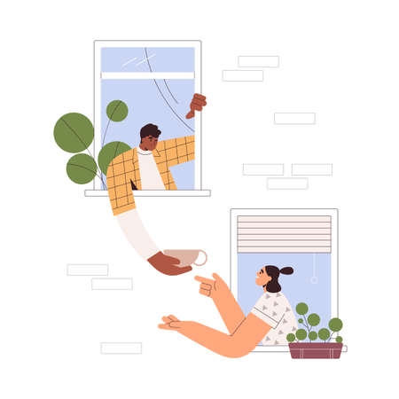 Neighbors help, support, food sharing concept. Good neighborhood, friendship. Man and woman neighbours friends in open windows of coliving dorm. Flat vector illustration isolated on white backgroundのイラスト素材