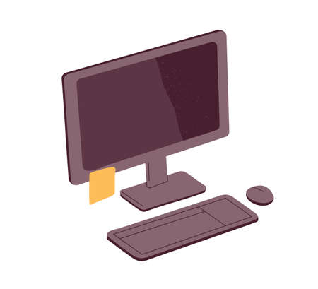 Sticky post note on desktop computer screen. Memo paper, reminder on office monitor. Blank yellow memory sticker, notice on PC. Flat vector illustration isolated on white backgroundのイラスト素材