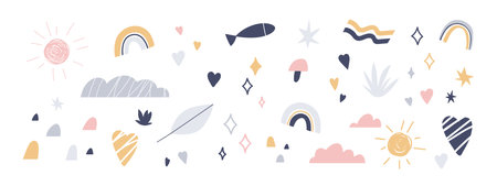 Scandinavian design elements set. Abstract nursery bundle. Cute childish decoration in doodle Scandi style. Rainbow, sun, cloud, star and hearts. Flat vector illustration isolated on white backgroundのイラスト素材
