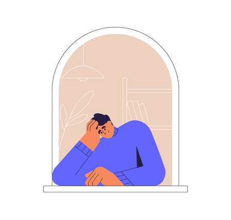 Person looking outside out of open arc window of home. Man staying indoors, thinking, watching. Guy inside apartment leaning against sill. Flat vector illustration isolated on white backgroundのイラスト素材
