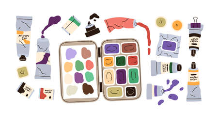 Paints set. Oil, acrylic colours in open squeezed tubes, watercolor palette box, gouache, ink for drawing, art. Artists colors, supplies. Flat vector illustrations isolated on white backgroundのイラスト素材