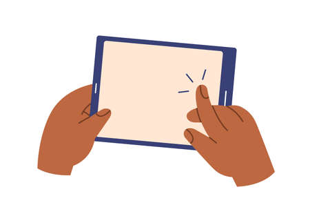 Hand holding tablet PC, clicking on blank screen with finger. Arm using digital device, touching, pointing, pressing on display with forefinger. Flat vector illustration isolated on white backgroundのイラスト素材