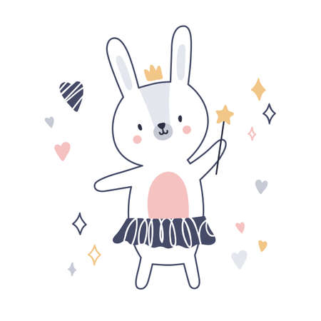 Cute fairy baby rabbit with magic wand, crown. Scandinavian fairytale bunny princess. Sweet little hare animal character in Scandi style. Childish flat vector illustration isolated on white backgroundのイラスト素材