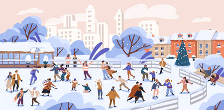 People skating on city ice rink on winter holidays. Families, kids outdoors at Christmas vacation. Cityscape with snow, happy active men and women in urban park in wintertime. Flat vector illustrationのイラスト素材