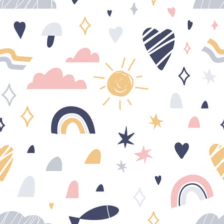 Scandinavian pattern with cute elements. Seamless Scandi background with sun, rainbow, clouds,...