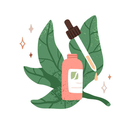 Cosmetic serum in bottle with dropper, pipette and drop of essence. Face skincare oil essential. Organic natural vegan beauty skin care product. Flat vector illustration isolated on white backgroundのイラスト素材