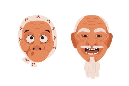 Noh masks of old human faces of Japanese theater. Oriental kabuki hyottoko and ko-jo. Traditional Japan heads. Asian comical characters. Flat vector illustrations isolated on white backgroundのイラスト素材