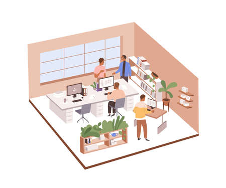 Employees at work in ergonomic office. Colleagues sitting and standing at desks, working at computers in company. People in corporate workspace. Flat vector illustration isolated on white backgroundのイラスト素材