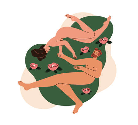 Sexual relationship of love couple. Naked man and woman lying lovers after sex, intimacy. Nude romantic people. Romance, passion concept. Flat graphic vector illustration isolated on white background.のイラスト素材