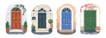 Front doors of residential houses. Home entrances exteriors. Outside of doorways with plants,...