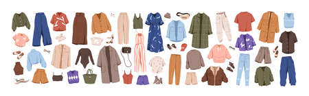 fashion clothes set. Garment, accessory for men, women. Different apparel collection. Modern casual dress, pants, jacket, shoes and bags. Flat graphic vector illustration isolated on white background.のイラスト素材