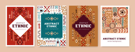Card designs with ethnic African tribal ornaments. Abstract background design templates with ancient tribe geometric drawn elements, patterns, shapes, symbols. Isolated flat vector illustrations setのイラスト素材
