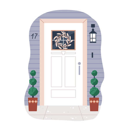 House door exterior. Front home entrance with potted plant, hanging wreath decoration, lamp. Wood building facade with decorated entry. Flat vector illustration isolated on white backgroundのイラスト素材