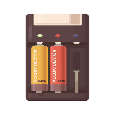 Li-ion cylinder accumulators charged in charger holder, case with slots for rechargeable batteries. Recharger compartment for lithium baterry. Flat vector illustration isolated on white backgroundのイラスト素材