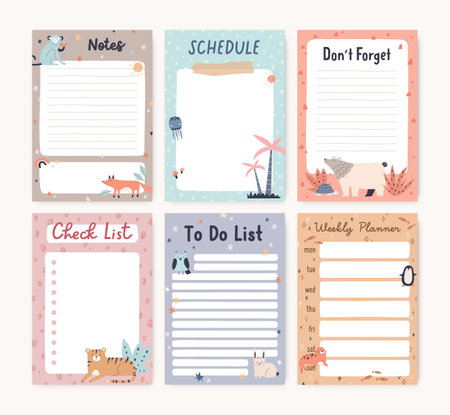 Pages templates set for cute kids planner, diary. Scandinavian-styled to-do lists, checklists, notes, schedule, plan paper designs for notebook. Flat vector illustration isolated on white backgroundのイラスト素材