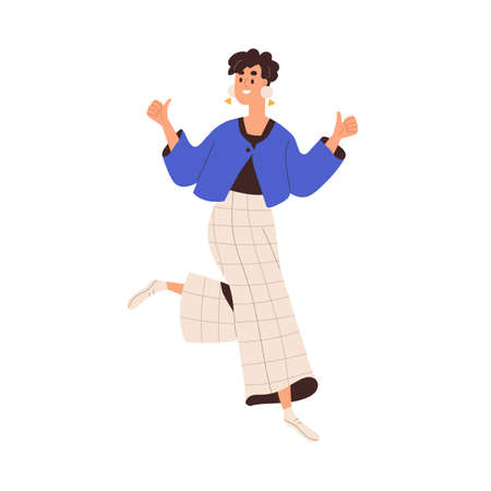 Happy woman jumping, celebrating, gesturing with thumbs up. Excited smiling girl dancing with positive energy, fun, joy. Joyful active person. Flat vector illustration isolated on white backgroundのイラスト素材