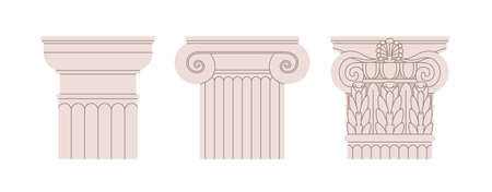 Doric, Ionic and Corinthian types of column capitals. Set of Roman and Greek orders of pillar tops. ancient architecture styles. Flat vector illustration isolated on white background.のイラスト素材