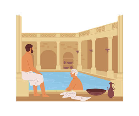 Roman thermae with columns. Ancient people of Rome in public thermal bath. Men resting, bathing and swimming in the pool. Flat vector illustration.のイラスト素材