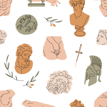 Modern Greek pattern with ancient sculptures, statues. Endless background design with Greece gods, goddesses repeating print. Trendy abstract antique texture. Colored flat vector illustrationのイラスト素材