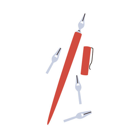 Pen tool with ink nibs, cap, extra tips. Old art accessory for calligraphy, lettering, drawing. Flat vector illustration isolated on white backgroundのイラスト素材