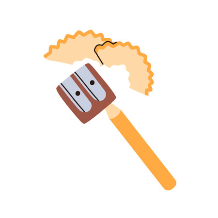 Sharpening blunt pencil inside sharpener. Fan-shaped shavings, wood remains after making stationery sharp with topper tool. Flat vector illustration isolated on white backgroundのイラスト素材